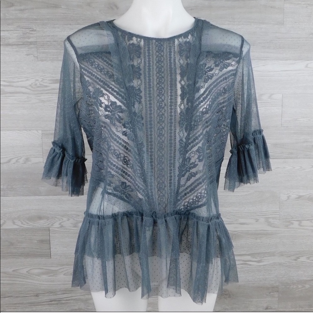 Sheer Bluheaven Gray Lace Peplum 3/4 Sleeve Top